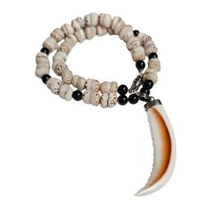 Vintage Puka Tiger Shell & Carved Cowrie Tooth Statement Necklace
